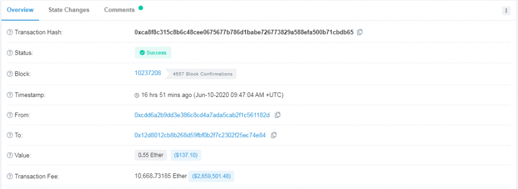 ETH transactions for a fee of 2.6 million