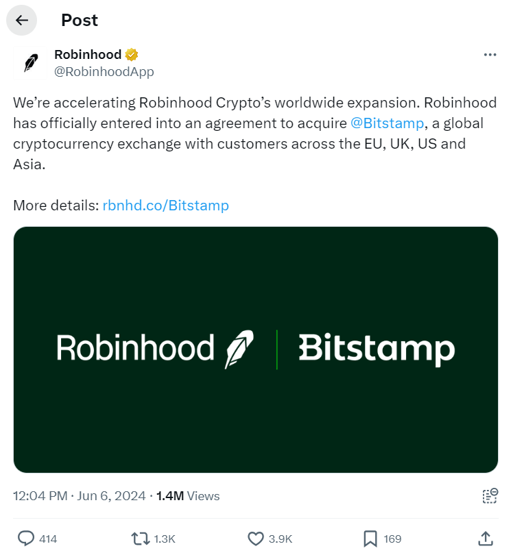 Robinhood acquires crypto exchange Bitstamp for 200 million USD in cash