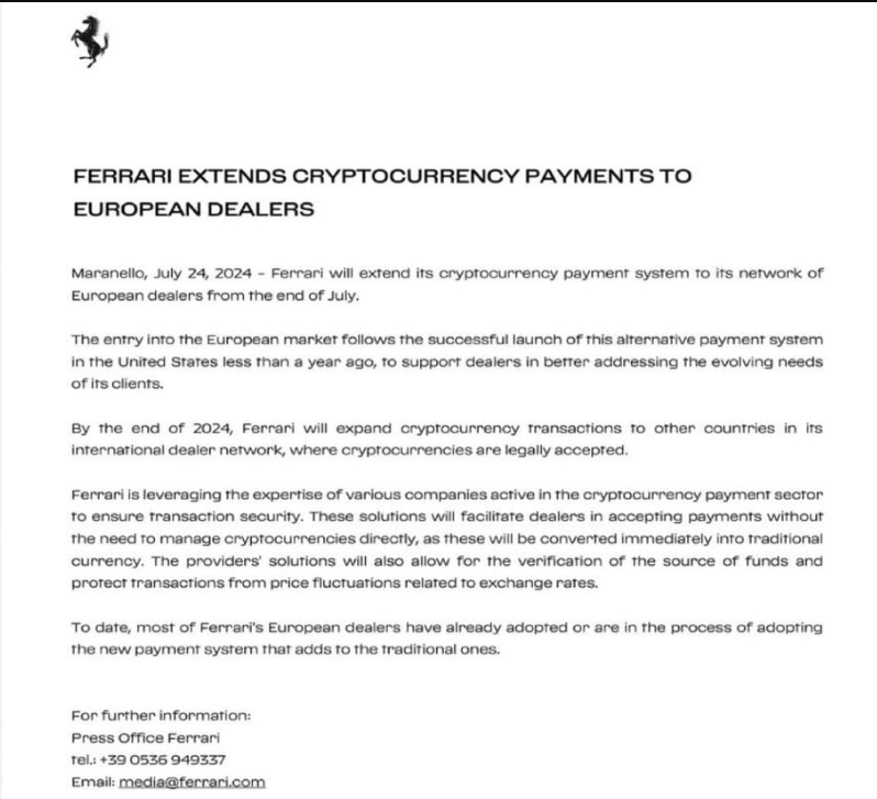 Ferrari enables payment with cryptocurrencies in Europe: Bitcoin, Ether and USDC will be the first