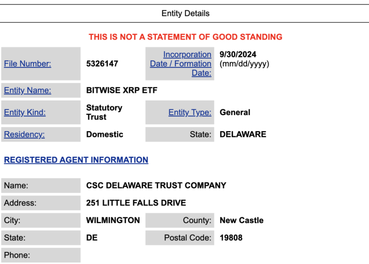 Asset Manager Bitwise Registers XRP ETF Trust in Delaware